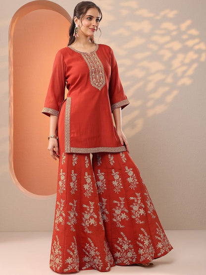 Dhiyona LL Ethnic Motifs Embroidered Straight Kurta With Sharara & Dupatta
