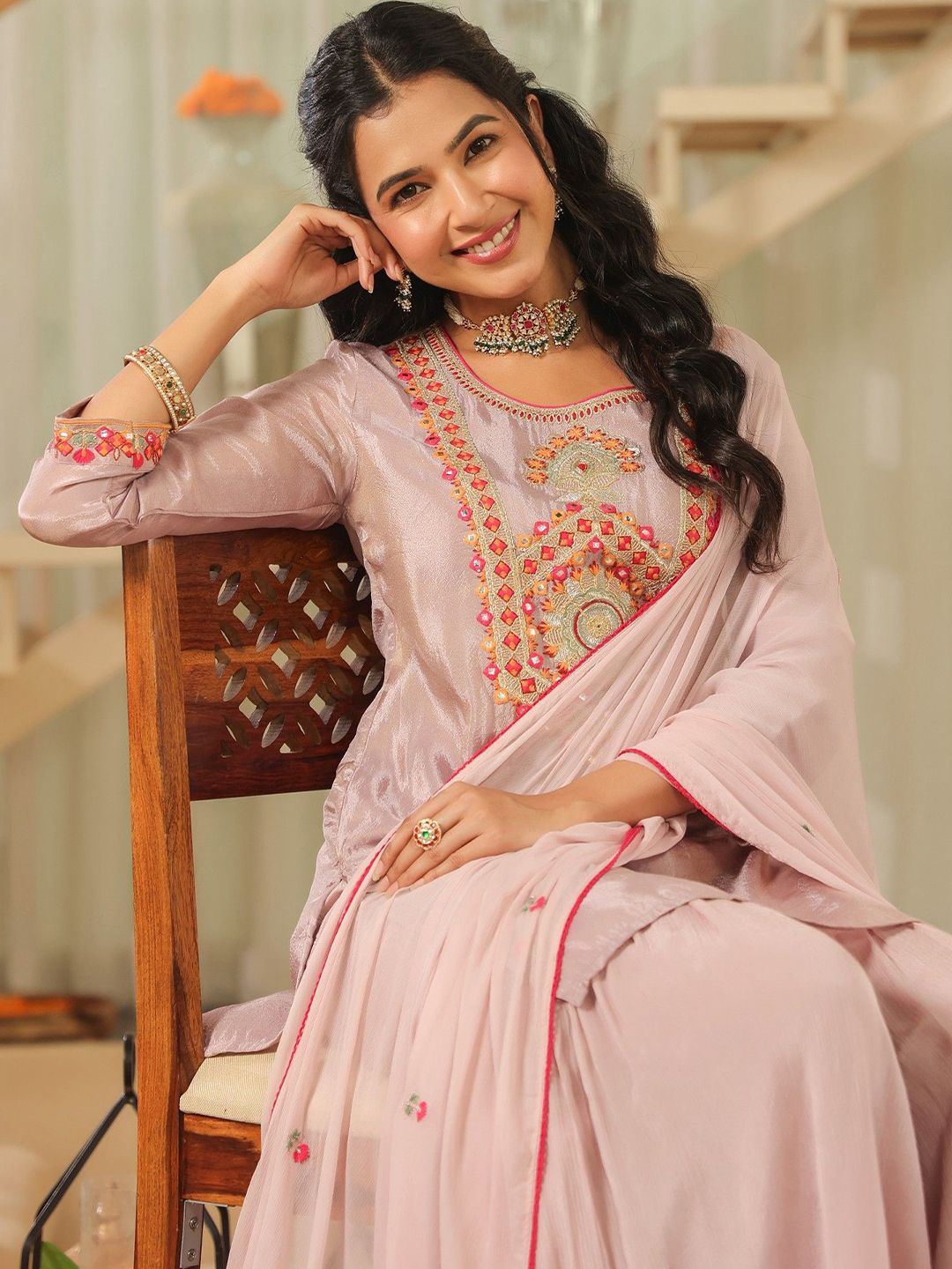 Dhiyona SC Women Geometric Embroidered Shimmer Tissue Sharara Kurta & Sharara With Dupatta