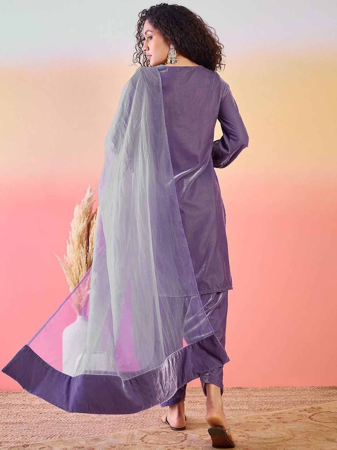 Floral Embroidered Sweetheart Neck Patchwork Velvet Kurta With Salwar & Dupatta