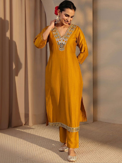 Mustard Mirror Work Yoke Design Straight Kurta Set