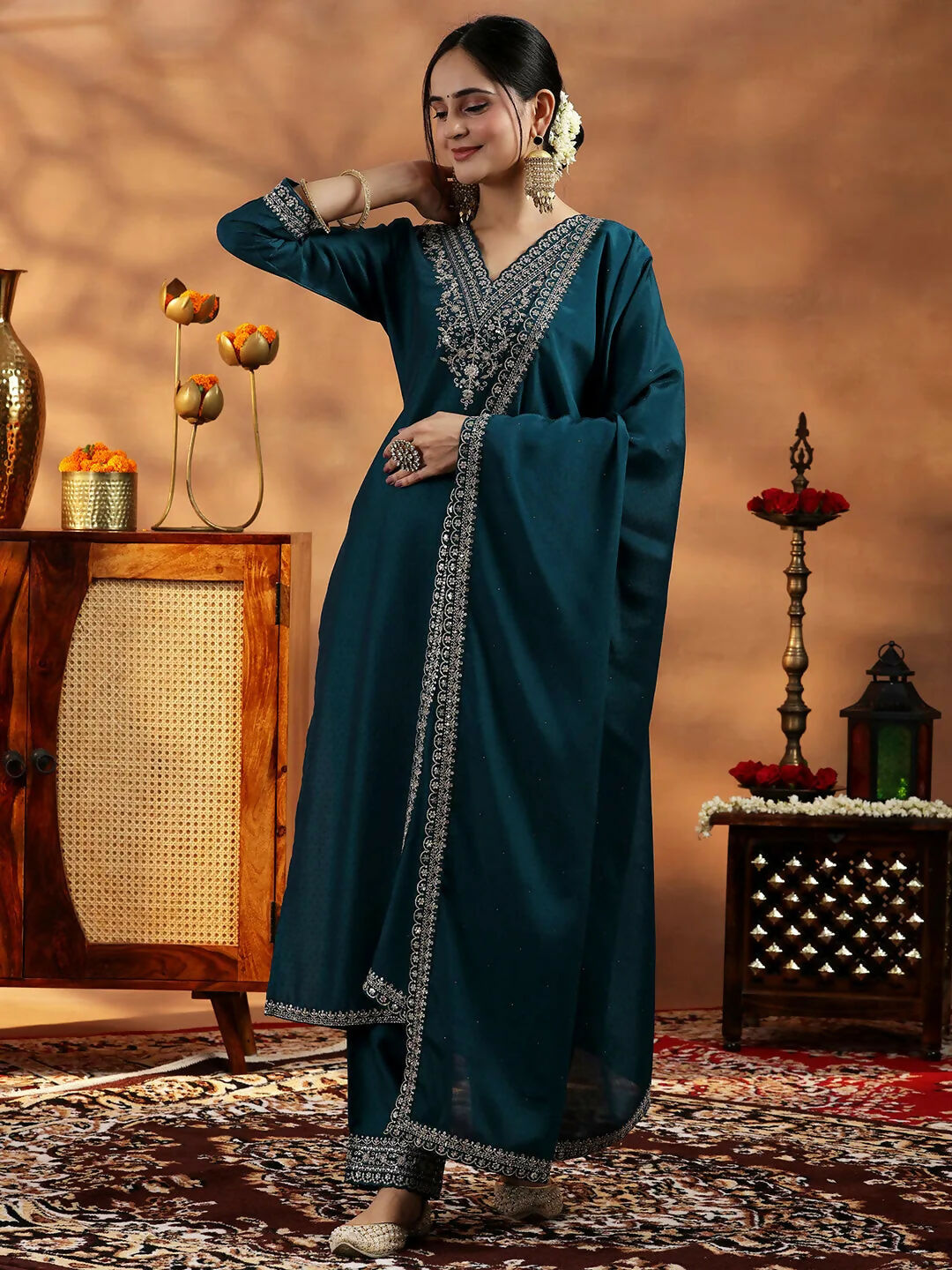 Women's LB Teal Yoke Design Silk Blend Straight Suit With Dupatta