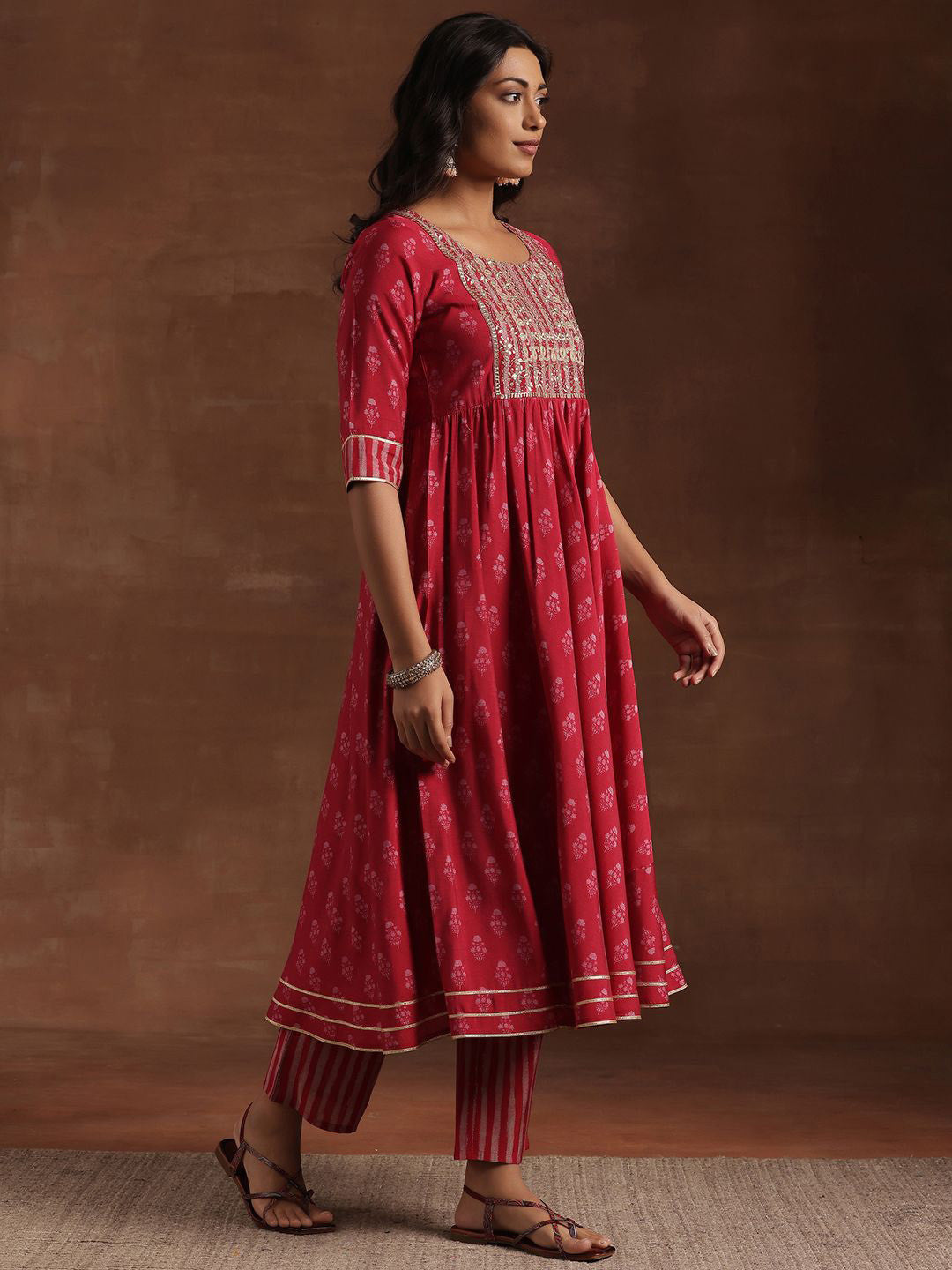 Womens Pink Printed Anarkali Kurta With Trousers & Dupatta