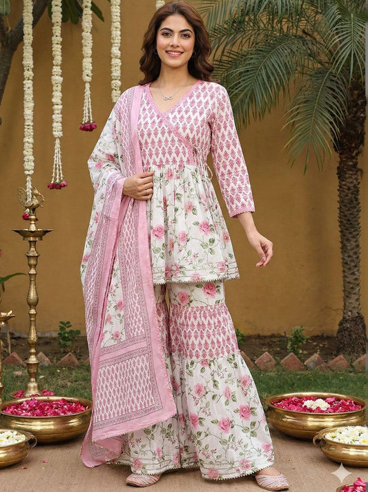 Dhiyona AN Women Floral Printed Tiered Pure Cotton Kurta with Sharara & With Dupatta