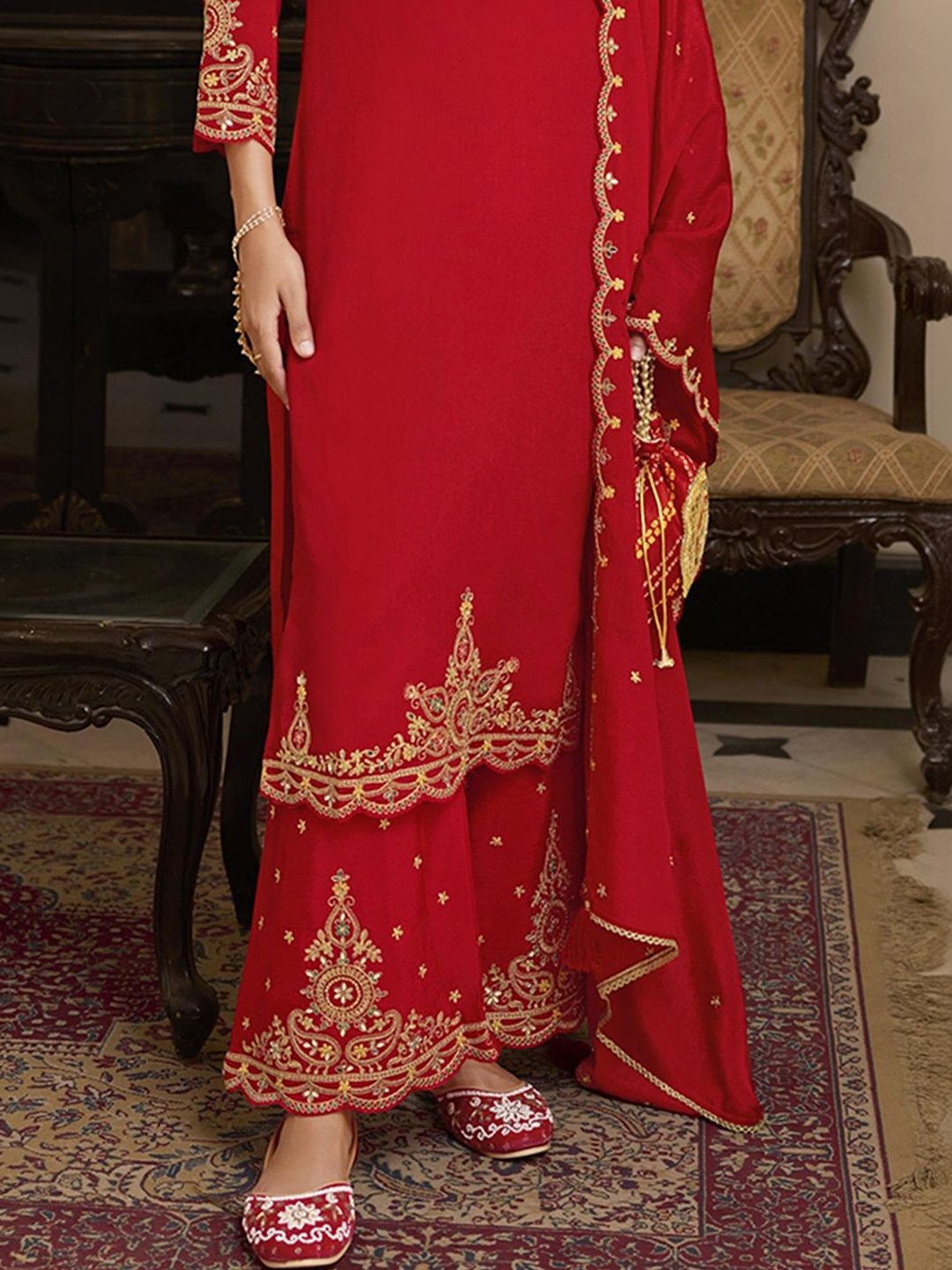 Dhiyona CH Women Ethnic Motifs Embroidered Regular Thread Work Kurta with Palazzos & With Dupatta
