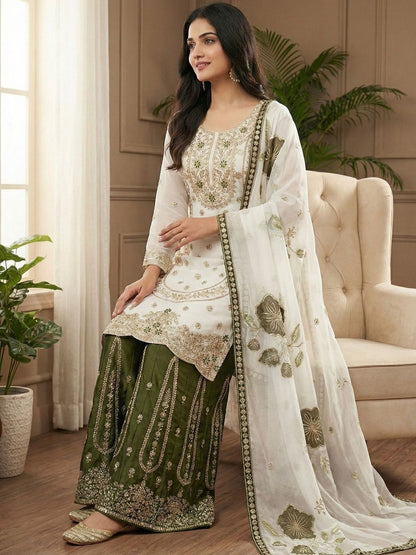 Dhiyona KL Women Ethnic Motifs Embroidered Regular Thread Work Kurta with Sharara & With Dupatta