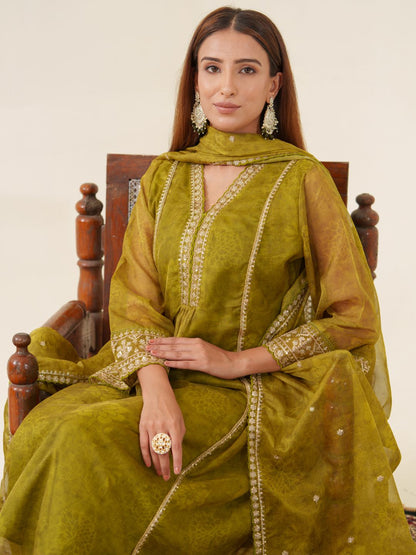 Dhiyona PD Women Floral Embroidered V-Neck Organza A-Line Kurta With Trousers & Dupatta