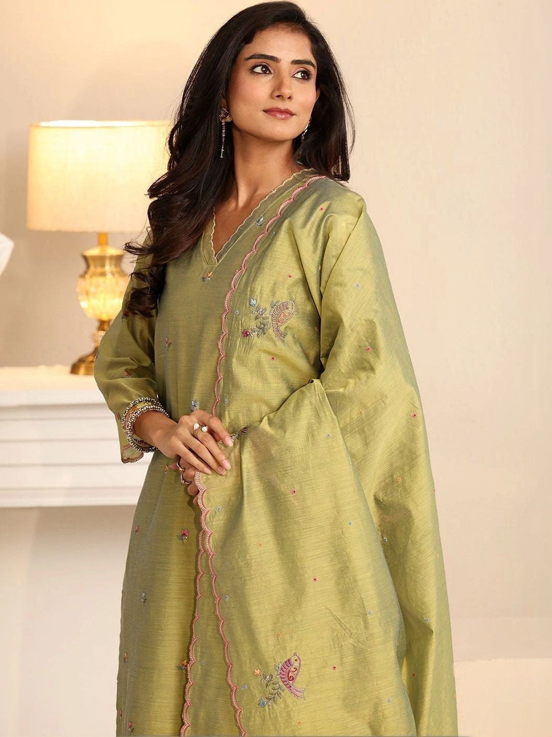 Fern Green Bird Embroidered Chanderi Silk Straight Suit Set