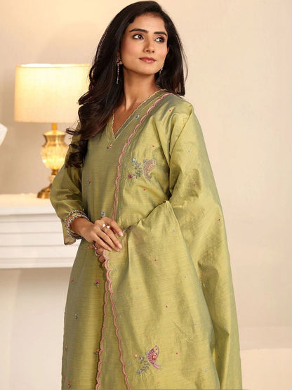 Fern Green Bird Embroidered Chanderi Silk Straight Suit Set