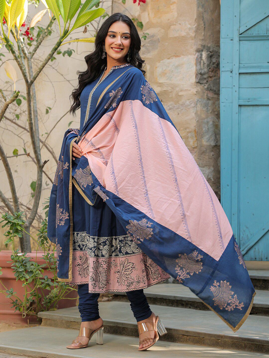 Dhiyona RR Women's Ethnic Motifs Printed Pure Cotton Anarkali Kurta With Churidar & Dupatta