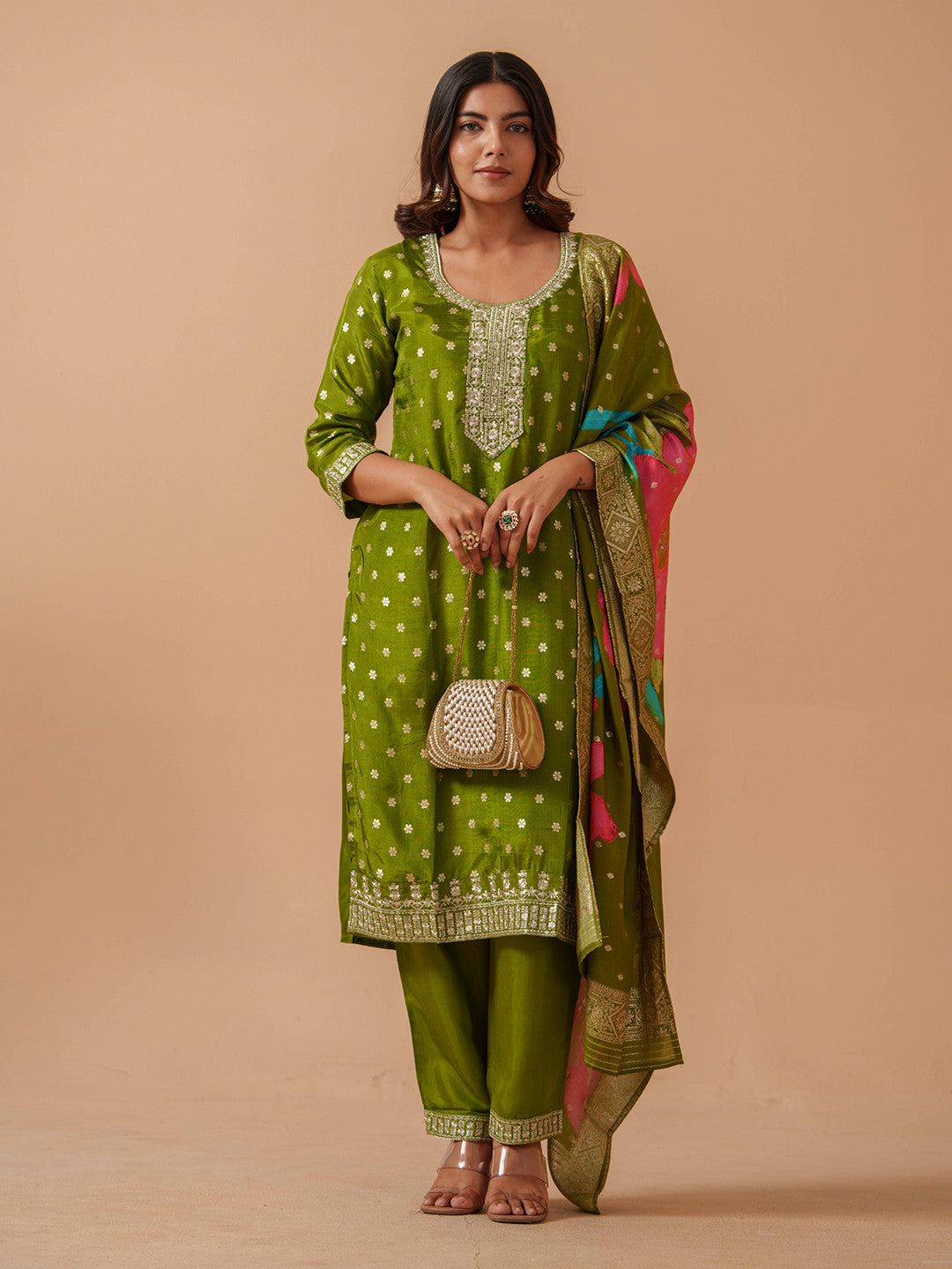 Dhiyona SN Floral Embroidered Kurta With Trousers & Dupatta