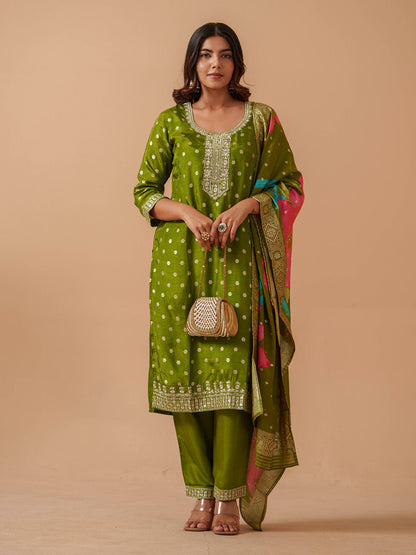 Floral Embroidered Kurta With Trousers & Dupatta