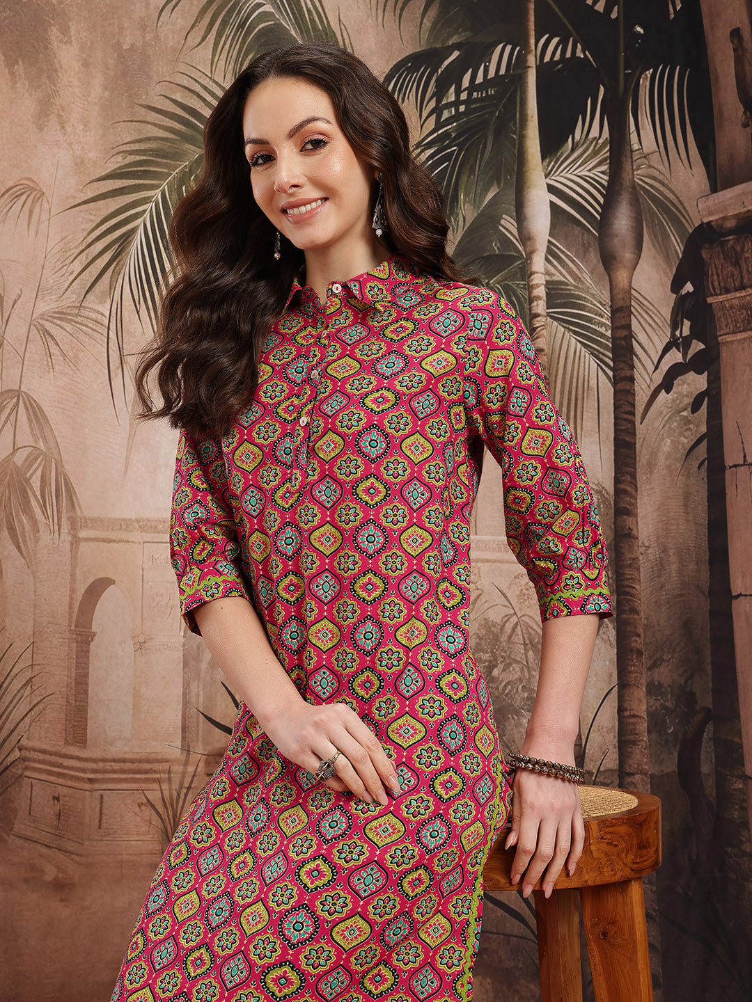 Indie Floral Print Pure Cotton Kurta with Trousers