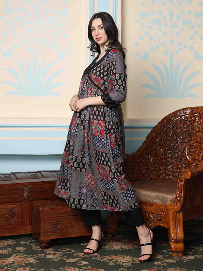 Dhiyona IS Women's V-Neck Floral Printed Empire Pure Cotton A-Line Kurta with Trousers
