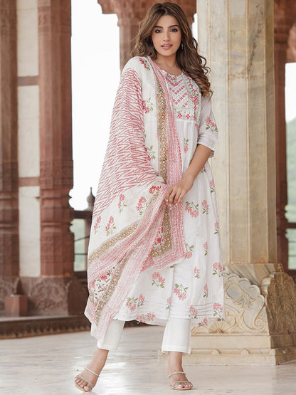 Dhiyona KL Floral Printed Thread Work Pure Cotton Kurta with Trousers & Dupatta