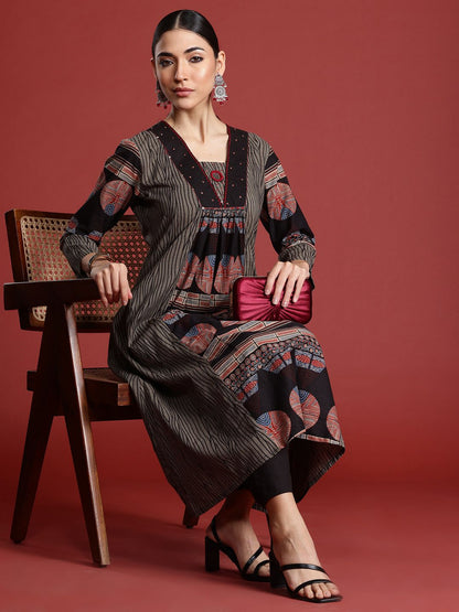 Printed Panelled Sequinned Pure Cotton A-Line Kurta with Trousers
