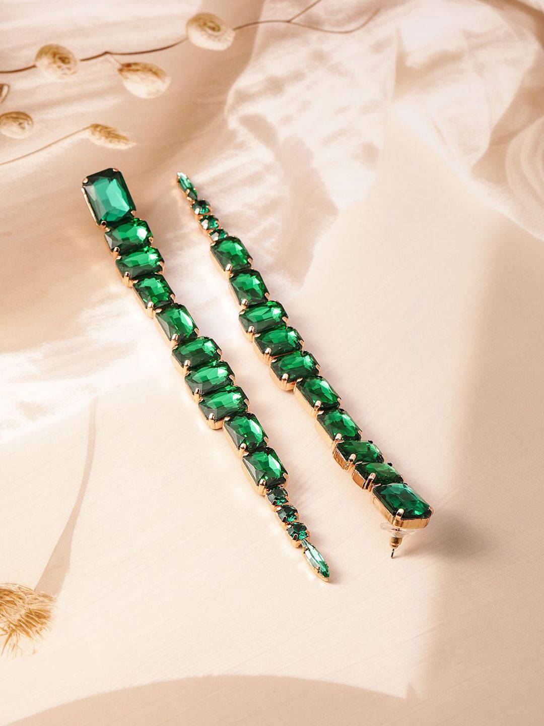 Dhiyona RJ Women's 18KT Gold Plated Emerald Studded Glamorous Shoulder Duster Drop Earrings