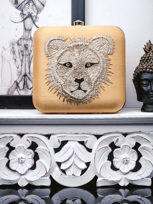 Dhiyona NR Beige & Yellow Embroidered Embellished Box Clutch