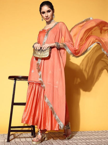 Dhiyona VA Ethnic Motifs Embroidered Thread Work Kurta with Sharara & Dupatta