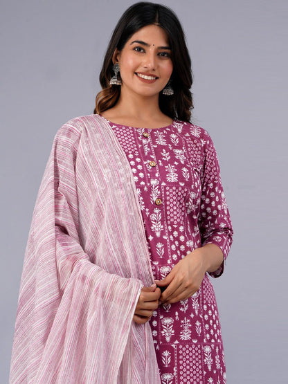 Dhiyona KL Ethnic Motifs Printed Pure Cotton Kurta With Palazzo & With Dupatta