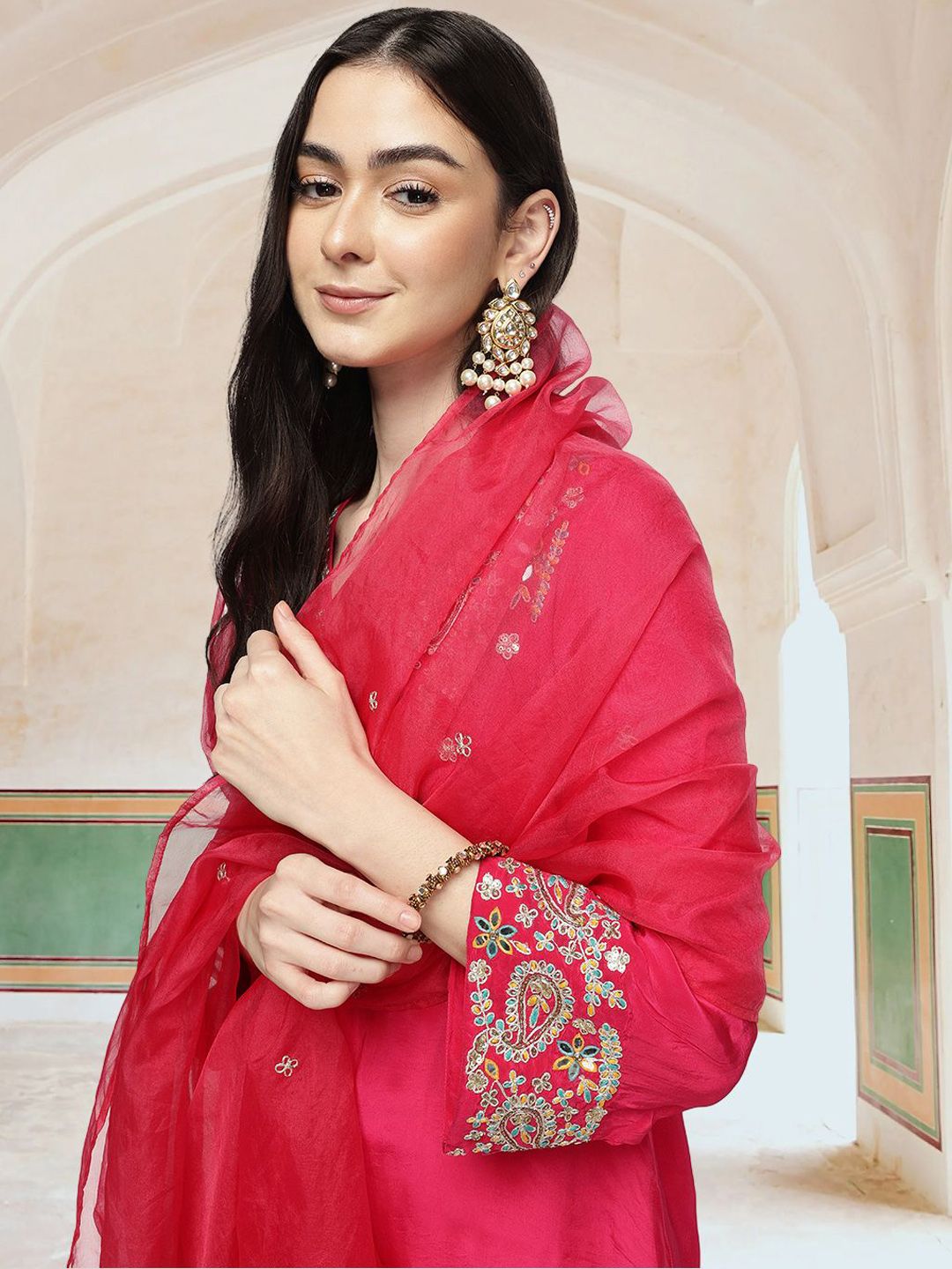 Dhiyona IS Women's Women Ethnic Motifs Embroidered Regular Thread Work Kurta with Trousers & With Dupatta