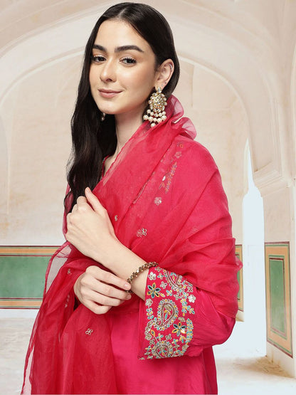 Dhiyona IS Women's Women Ethnic Motifs Embroidered Regular Thread Work Kurta with Trousers & With Dupatta