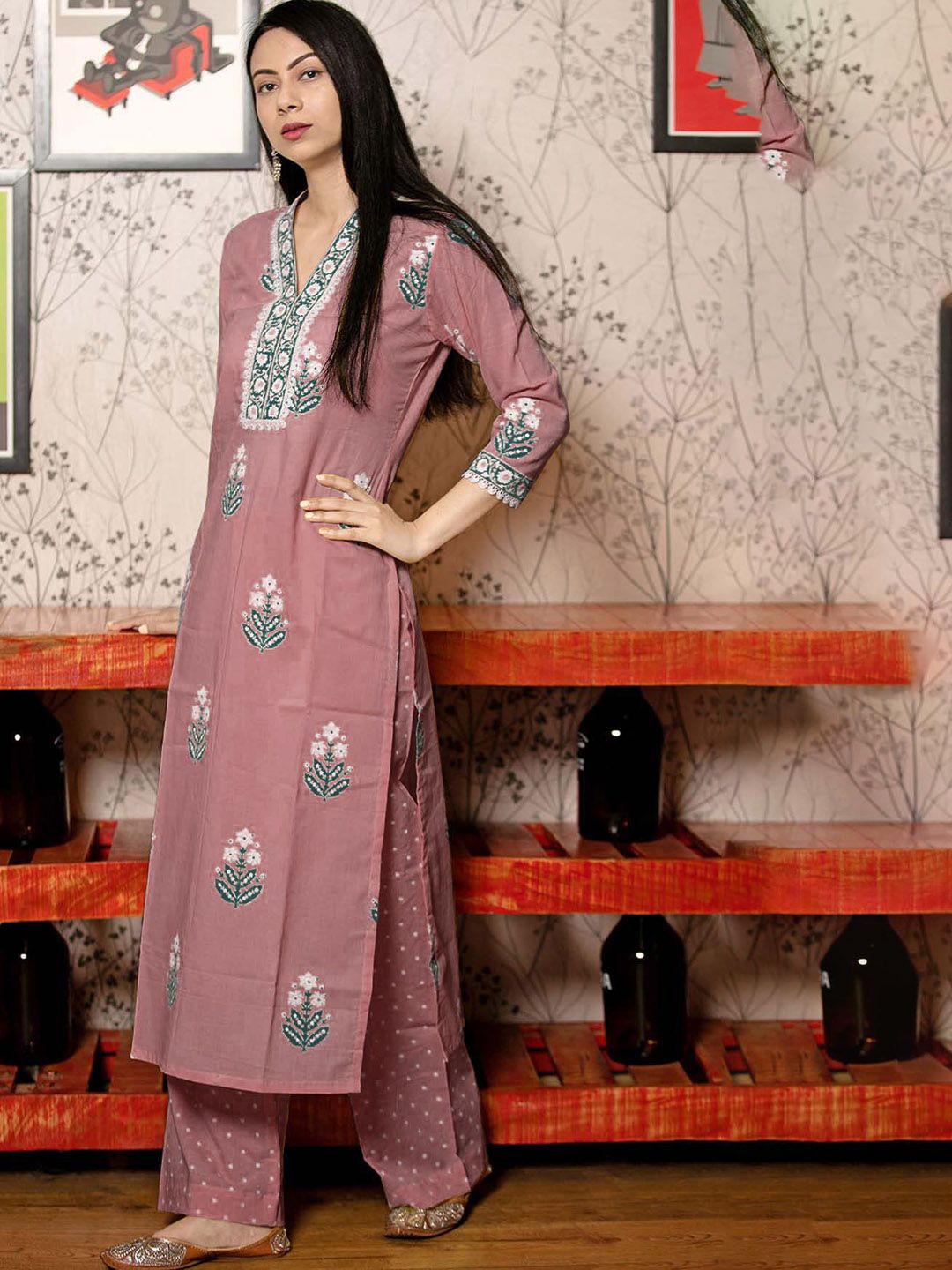 Dhiyona KL Floral Printed V-Neck Straight Kurta With Palazzos And Dupatta