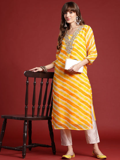 Dhiyona IE Leheriya Printed Gotta Patti Georgette Kurta