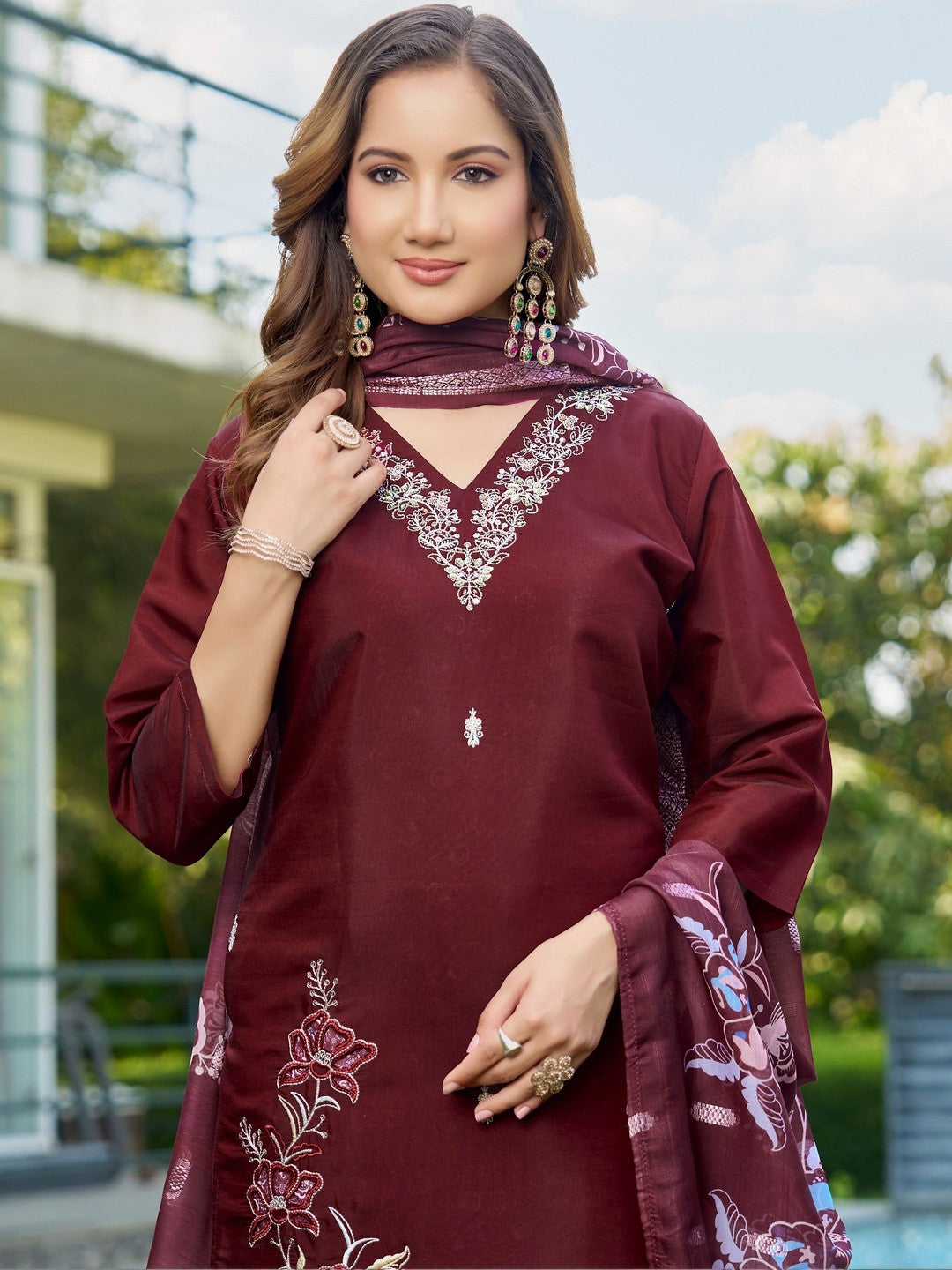 Embroidered V-Neck Kurta & Trousers With Dupatta