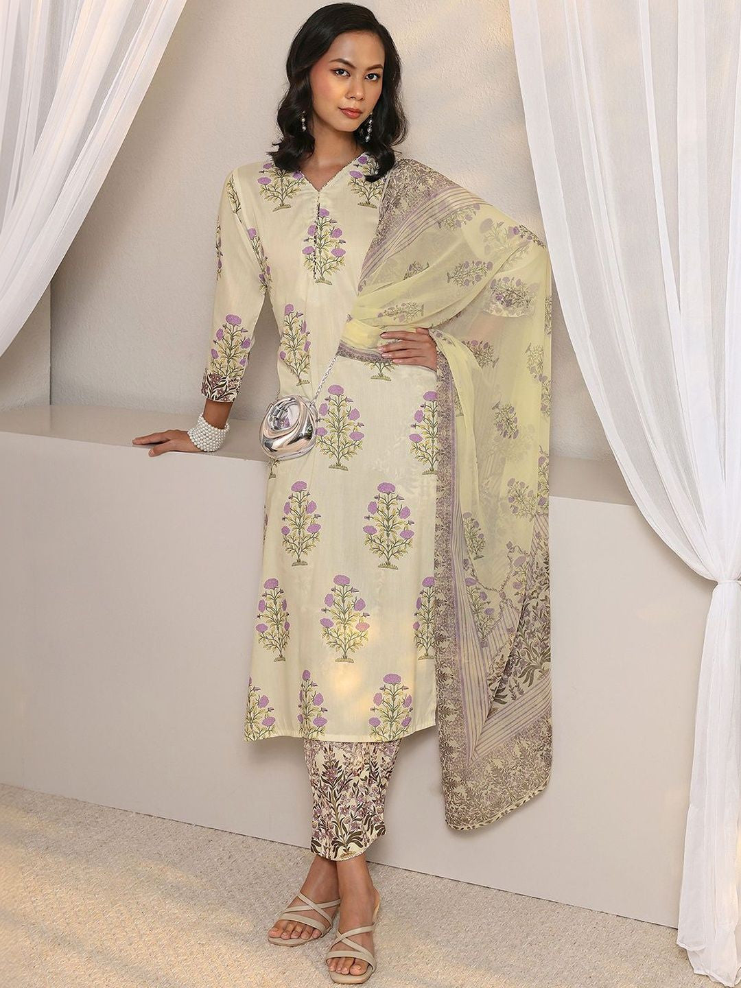 Off White Floral Printed Chanderi Silk Straight Suit Set with Dupatta