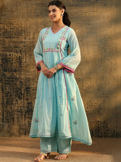 Baby Blue Floral Embroidered Cotton Anarkali Suit Set