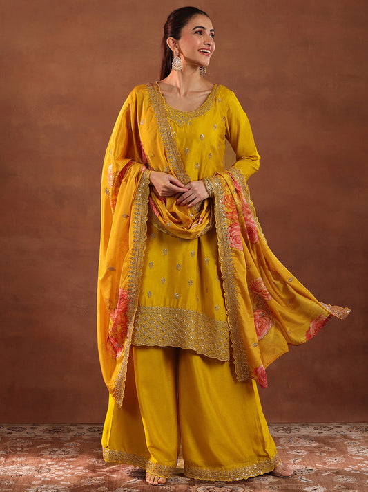 Mustard Yellow Floral Embroidered Straight Kurta with Palazzo & Dupatta