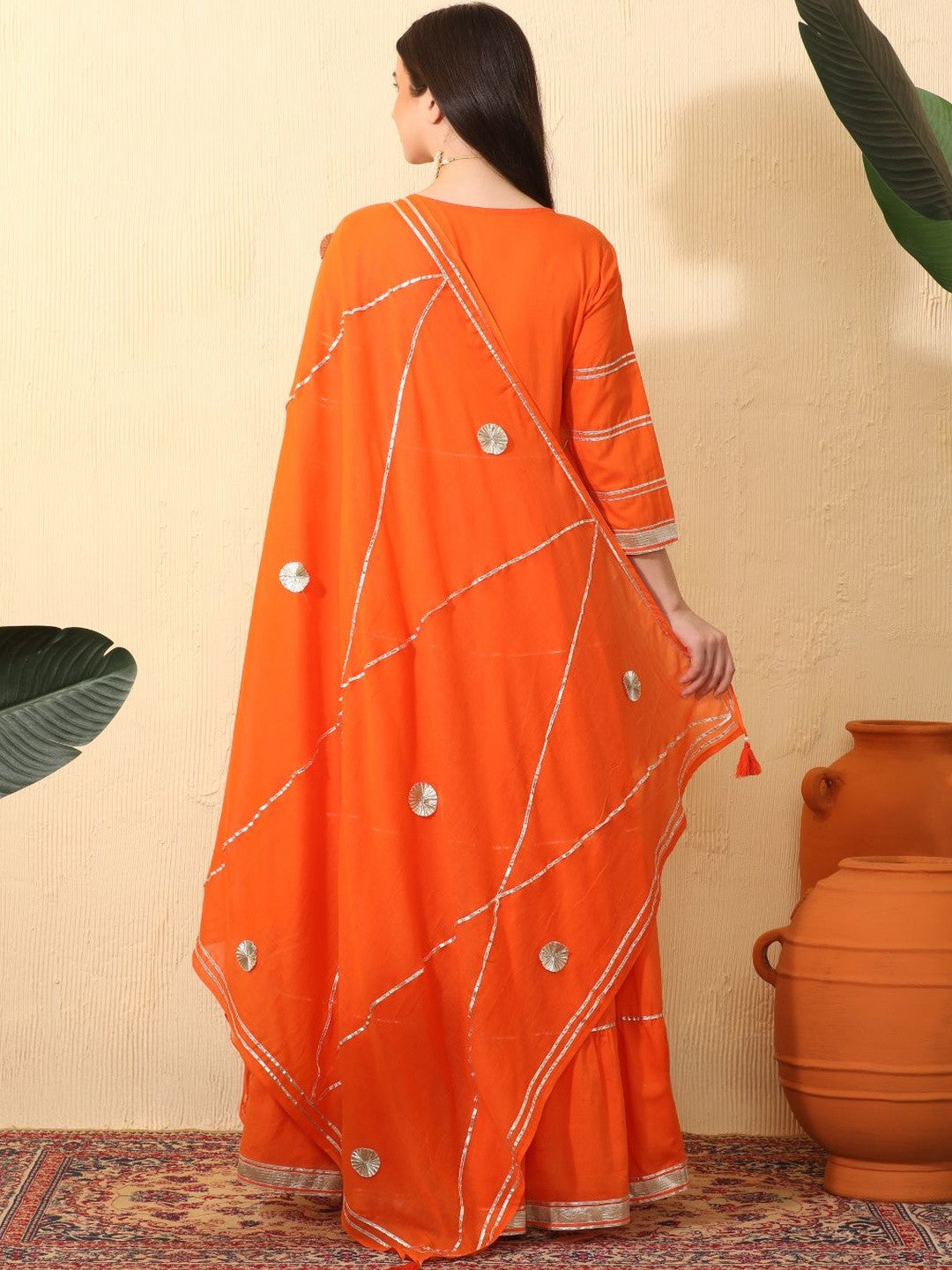 Women Ethnic Motifs Tiered Gotta Patti Pure Cotton Kurta with Trousers & With Dupatta