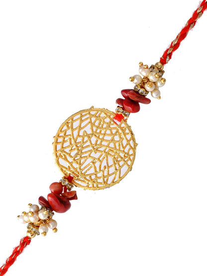 Dhiyona Gold-Toned Pearl-Beaded Rakhi With Roli Chawal & Greeting Card