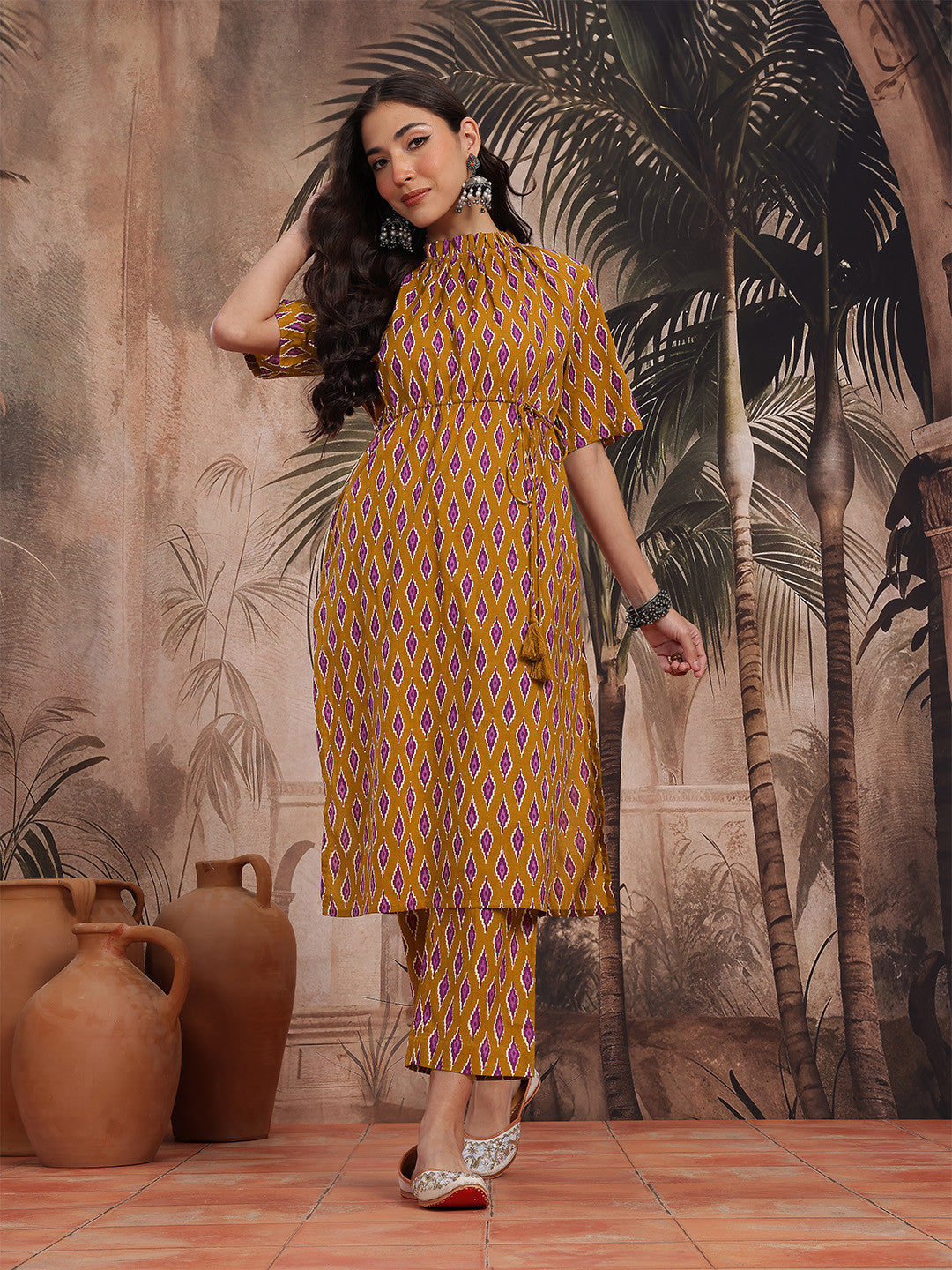 Ikat Printed Empire Style Pure Cotton Straight Kurta with Trousers