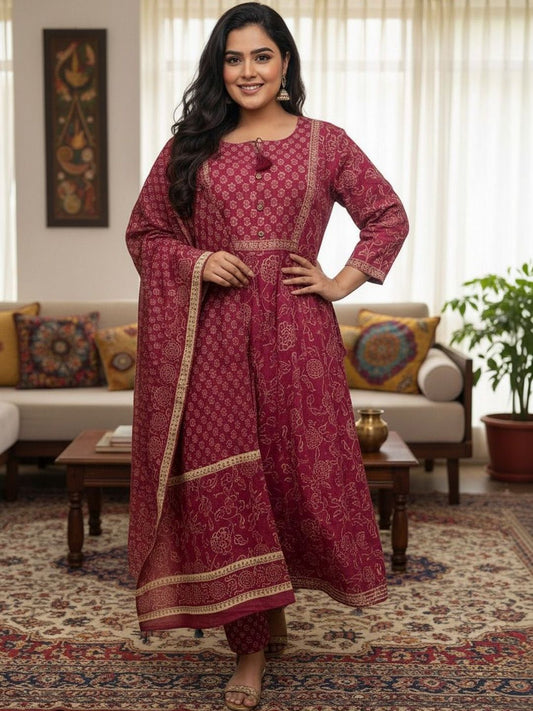Dhiyona KL Women Floral Printed Regular Sequinned Pure Cotton Kurta with Trousers & With Dupatta