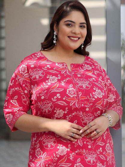 Dhiyona Women's Plus Size Floral Printed Pure Cotton Kurta with Palazzos & Dupatta