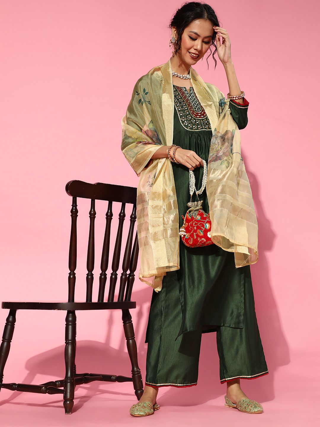 Dhiyona IE Green Silk Blend Calf Length Kurta Set