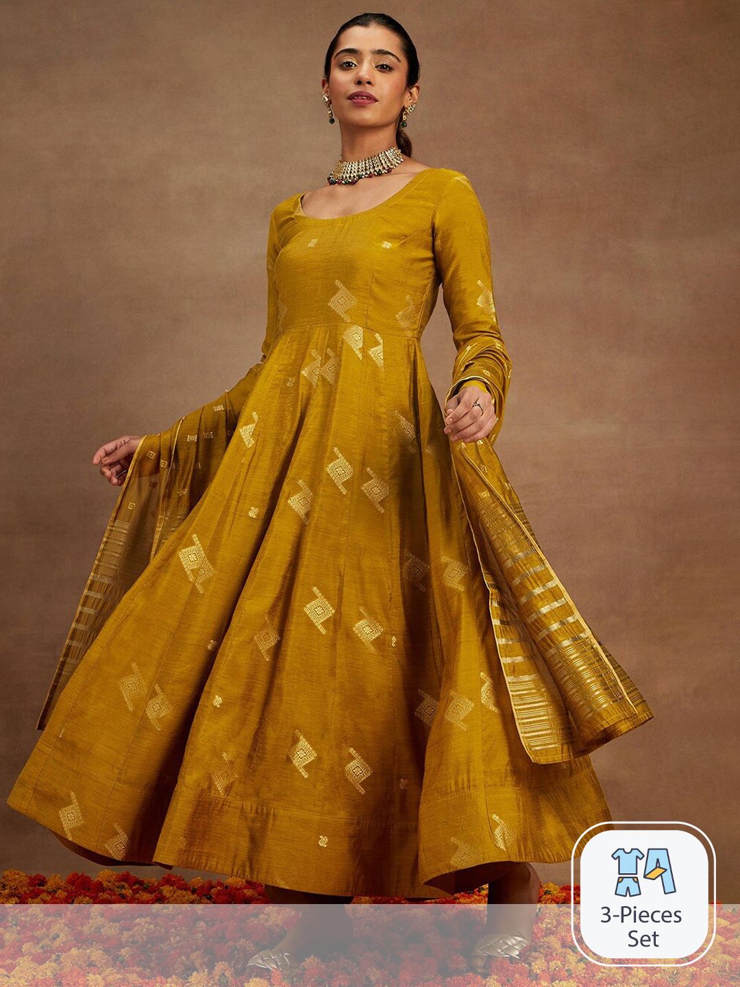 Dhiyona LL Womens Mustard Woven Design Anarkali Kurta With Palazzos & Dupatta