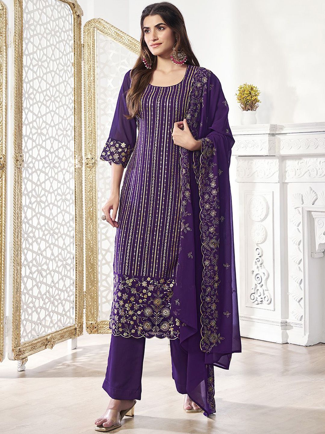 Dhiyona IN Women Floral Thread Sequinned Embroidered Kurta, Palazzos & Dupatta Set