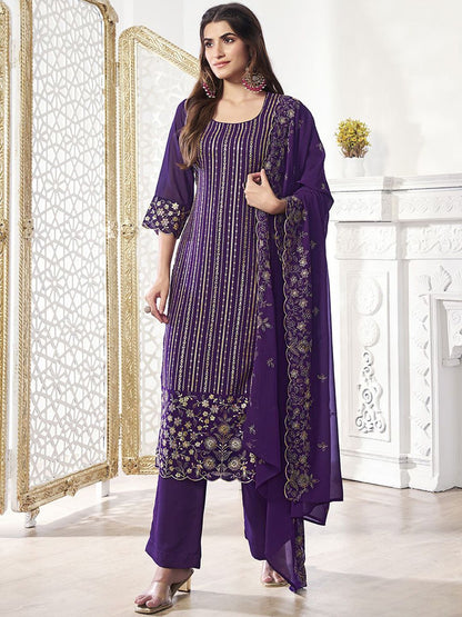 Dhiyona IN Women Floral Thread Sequinned Embroidered Kurta, Palazzos & Dupatta Set