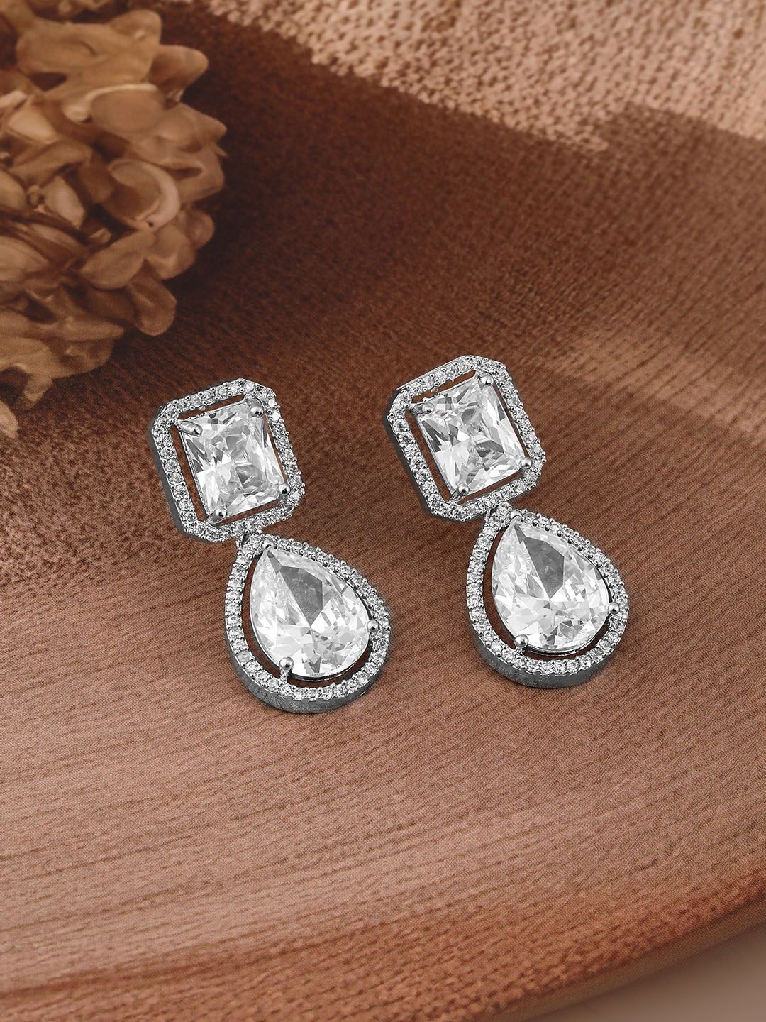 Dhiyona RJ Women's Rhodium Plated Crystal AD & Cubic Zirconia Studded Drop Earrings - Elegant Design