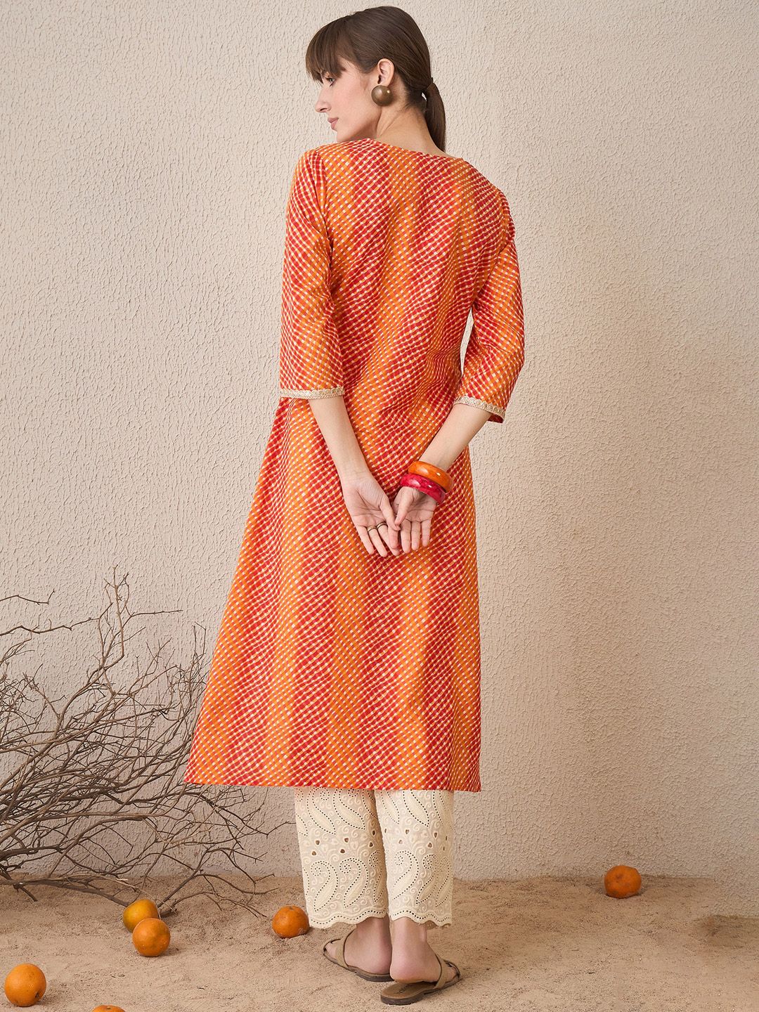 Dhiyona IE Leheriya Printed Pleated V-Neck Sequins Pure Cotton A-Line Kurta