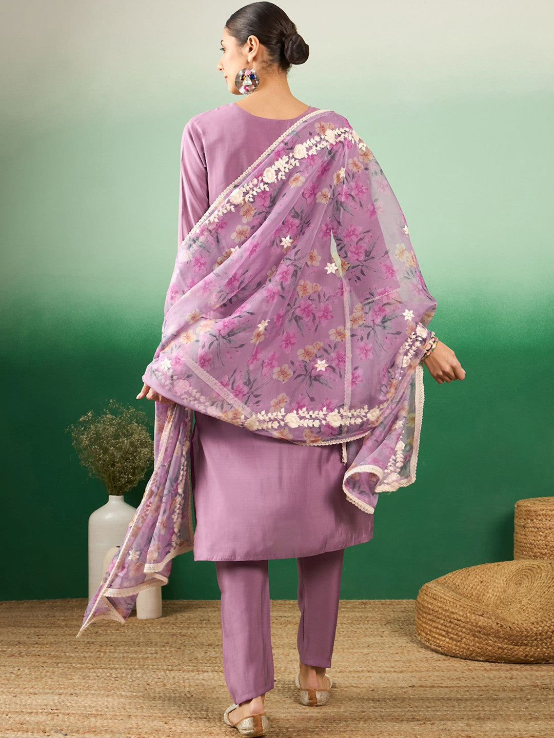 Purple Floral Embroidered Jacquard Straight Kurta With Trousers & Dupatta