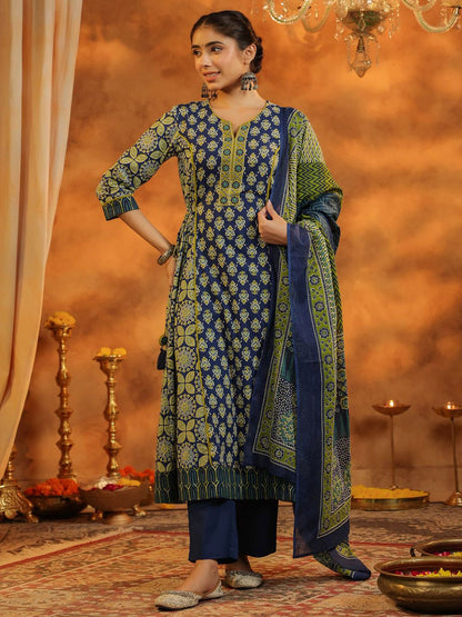 Dhiyona RR Women's Ethnic Motifs Printed Pure Cotton Anarkali Kurta with Trousers & Dupatta