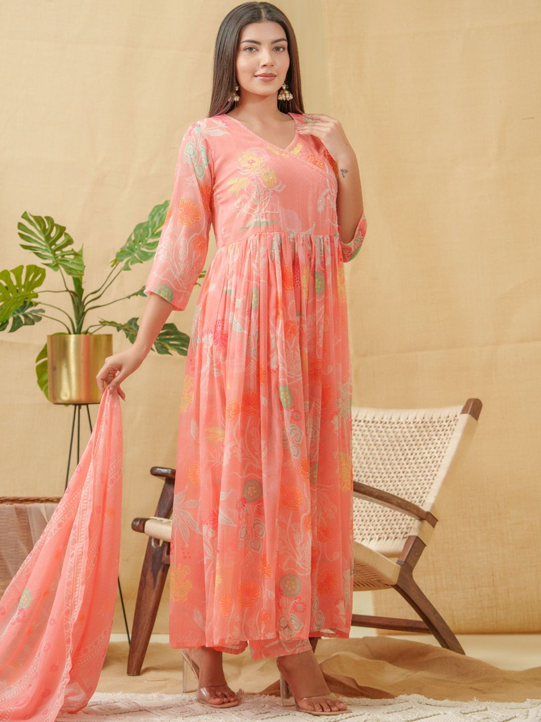 Dhiyona SN Floral Printed Angrakha A-Line Kurta With Palazzos & Dupatta