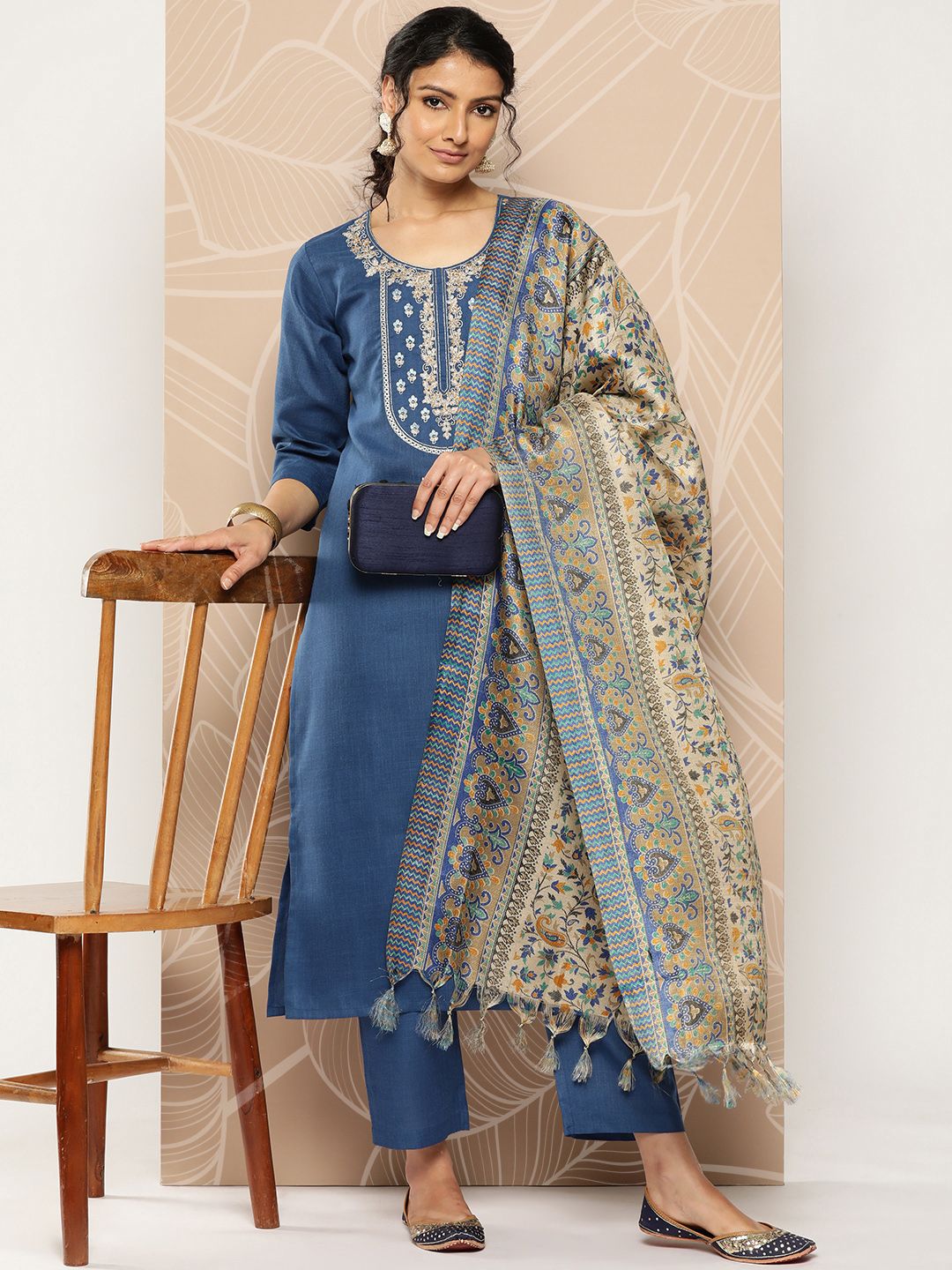 Blue Blue Yoke Embroidered Kurta with Trouser and Dupatta