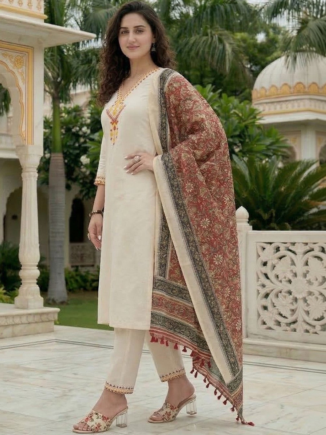 Embroidered Pure Cotton V-Neck Kurta & Trousers With Dupatta