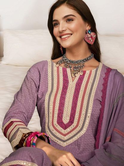 Dhiyona IS Women's Embroidered Straight Mirror Work Pure Cotton Kurta with Trousers & Dupatta