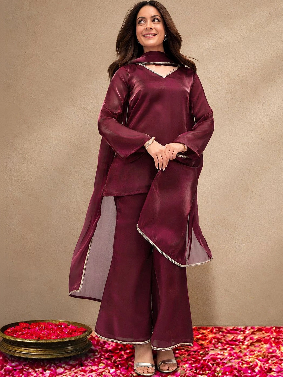 Libas Maroon Solid Tissue Palazzo Suit Set