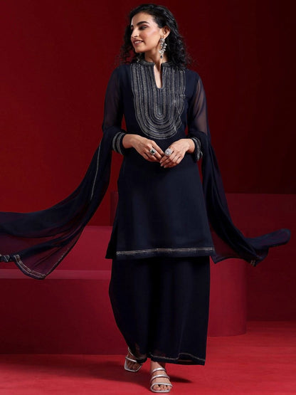 Dhiyona LL Mandarin Collar Beads and Stones Georgette Straight Kurta & Palazzo & Dupatta